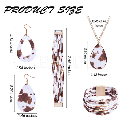 Cow Print Imitation Leather Teardrop Pendant Necklace & Dangle Earrings & Multi-Strand Bracelet JX529J-1