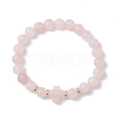Natural Rose Quartz Cross Round Beaded Stretch Bracelets for Men Women BJEW-JB12258-03-1