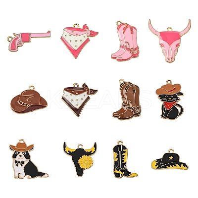 24Pcs 12 Styles West Cowboy Theme Golden Plated Alloy Enamel Pendants FIND-YW0006-74-1