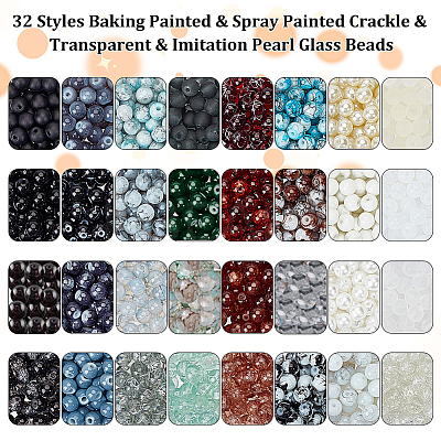 1920Pcs 32 Styles Baking Paint & Spray Painted Crackle & Transparent & Imitation Pearl Glass Beads GLAA-PH0002-93-1