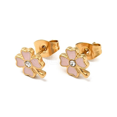 Ion Plating(IP) Enamel Clover with Crystal Rhinestone Stud Earrings with 316 Surgical Stainless Steel Pins EJEW-A081-12G-1