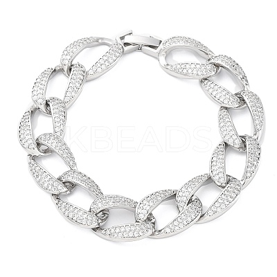 Brass Micro Pave Clear Cubic Zirconia Curb Chain Bracelets for Women BJEW-A034-04B-P-1