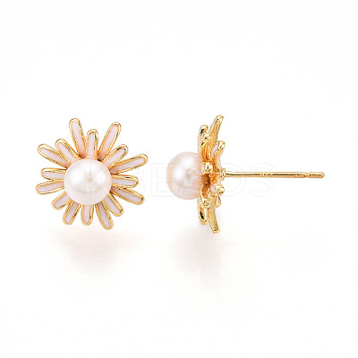 Flower Brass Natural Pearl Stud Earrings PEAR-N020-06W-1