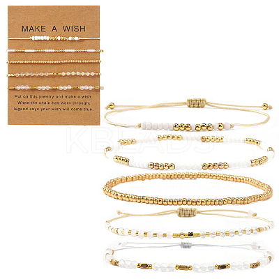5Pcs Glass & Metal Gold & White Beaded Bracelet Sets AB9103-3-1