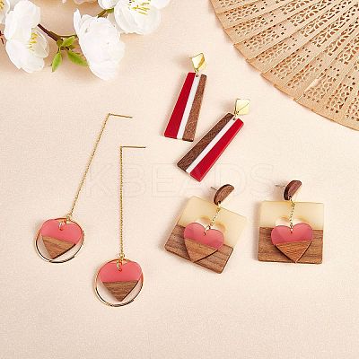 3 Pairs 3 Style Heart & Trapezoid & Square Resin & Walnut Wood Dangle Stud Earring EJEW-SW00014-01-1
