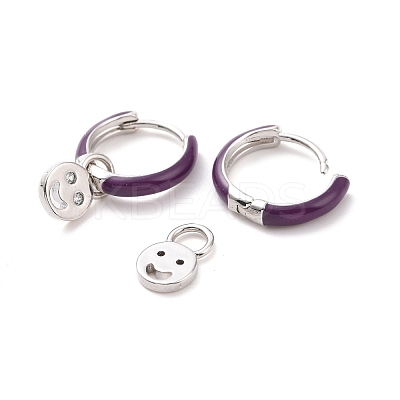 Clear Cubic Zirconia Smiling Face Dangle Hoop Earrings with Enamel EJEW-C030-13P-1