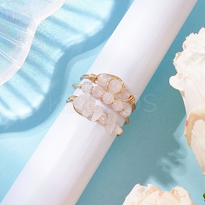 3Pcs Natural Rose Quartz Bead Finger Ring RJEW-JR00855-03-1