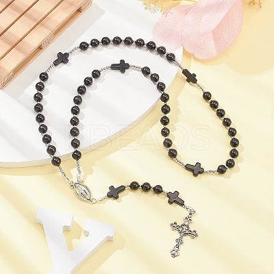 Synthetic Turquoise & Wood Rosary Bead Necklace NJEW-JN04431-04-1
