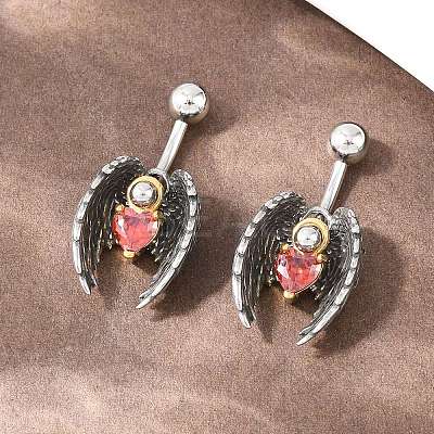 316 Stainless Steel Pave Red Cubic Zirconia Curved Barbell Dangle Belly Rings AJEW-C044-03-1