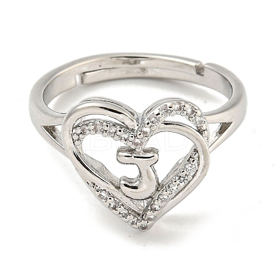 Heart with Letter Rack Plating Brass Micro Pave Clear Cubic Zirconia Adjustable Rings for Women RJEW-I105-01P-J-1