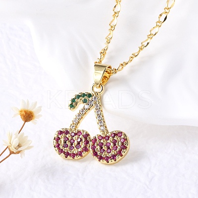 Brass Micro Pave Camellia Cubic Zirconia Fruit Pendant Necklaces for Women NJEW-U042-02B-G-1