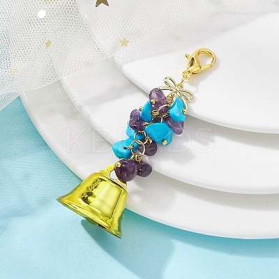 Synthetic Turquoise & Natural Amethyst Chips & Alloy Bowknot Kcychain HJEW-JM01313-02-1