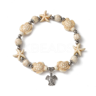 Starfish & Turtle Dyed Synthetic Turquoise Beaded Stretch Bracelets BJEW-JB10925-01-1