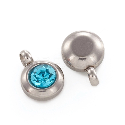 Trendy Original Color 304 Stainless Steel Grade A Rhinestone Flat Round Charm Pendants RB-M030-06N-1