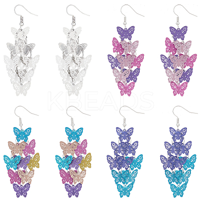 4 Pairs 4 Colors Brass Butterfly Dangle Earrings EJEW-AN0003-80-1