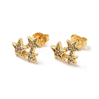 Rack Plating Brass Micro Pave Clear Cubic Zirconia 3 Star Stud Earrings EJEW-F301-21-1
