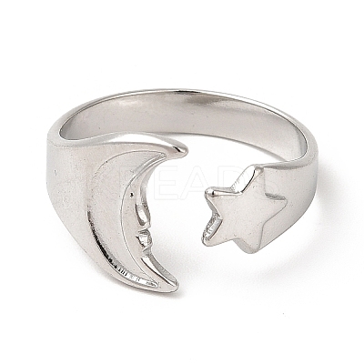 Non-Tarnish 304 Stainless Steel Star & Moon Open Cuff Ring for Women RJEW-E063-07P-1