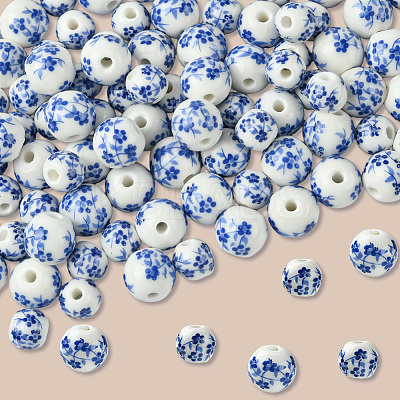100Pcs 2 Styles Handmade Flower Printed Porcelain Ceramic Beads PORC-LT0001-11-1