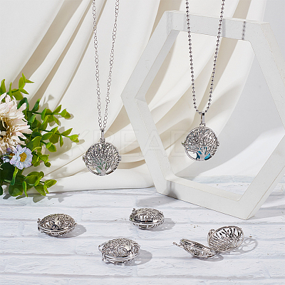 10Pcs Filigree Flat Round Brass Cage Pendants KK-SC0005-91-1