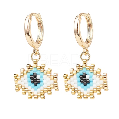 Japanese Seed Braided Rhombus with Evil Eye Dangle Hoop Earrings EJEW-MZ00002-02-1