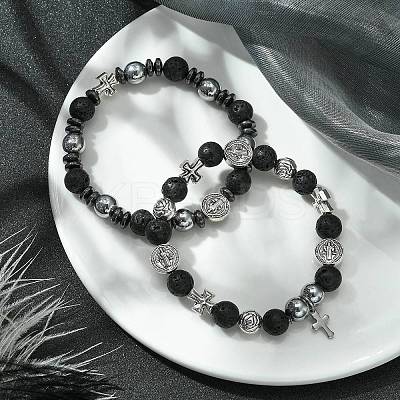 2Pcs 2 Style Natural Lava Rock & Alloy Saint Benedict Medal Beaded Stretch Bracelets Set BJEW-JB09635-1