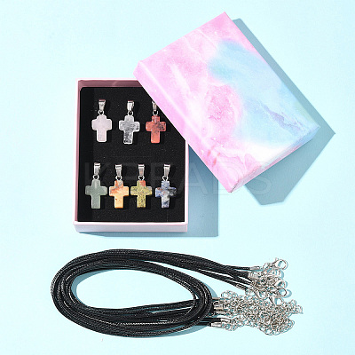 DIY Natural & Synthetic Gemstone Cross Pendant & Waxed Cord Pendant Necklace Making Kits DIY-FS0008-46-1