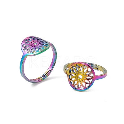Ion Plating(IP) 201 Stainless Steel Flower Adjustable Ring for Women RJEW-C045-01M-1