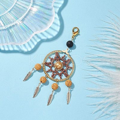 Woven Web/Net with Feather Glass Seed Beads Pendant Decorations HJEW-MZ00074-1