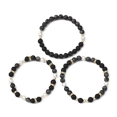 3Pcs 3 Styles Natural Lava Rock & Larvikite & Shell Pearl Beaded Stretch Bracelets for Kids BJEW-JB14097-1