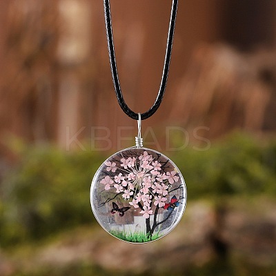 Flat Round Glass with Dried Flower Tree Inner Pendant Black Waxed Cord Necklaces FS-WG87A6D-15-1