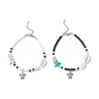 2Pcs 2 Styles Summer Beach Synthetic Turquoise Starfish & Natural Cowrie Shell & Glass Seed Round Beaded Alloy Turtle Charm Anklets AJEW-TA00038-1