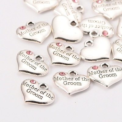Wedding Theme Antique Silver Tone Tibetan Style Alloy Heart with Mother of the Groom Rhinestone Charms X-TIBEP-N005-17C-1