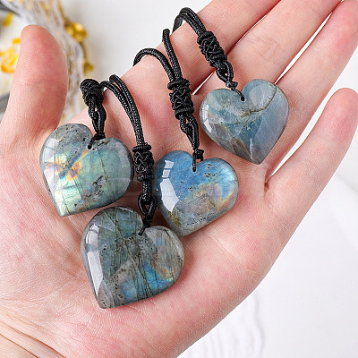 Heart Natural Labradorite Pendant Adjustable Braided Cord Necklaces FS-WG928F5-01-1