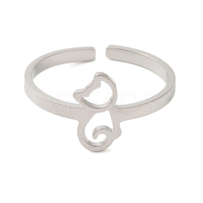 Non-Tarnish Hollow Cat 304 Stainless Steel Open Cuff Rings for Women RJEW-N048-07P-1