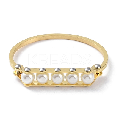 PVD Vacuum Plating 304 Stainless Steel White Round Plastic Beaded Bangles BJEW-G700-09G-1