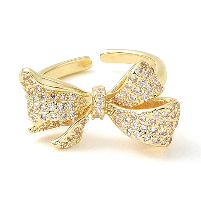 Bowknot Brass Micro Pave Clear Cubic Zirconia Open Cuff Rings for Women LS-RJEW-C098-19G-1