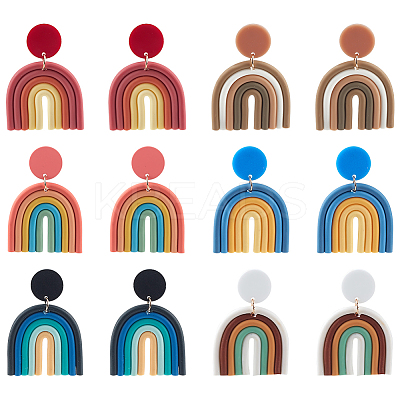 6 Pairs 6 Colors Polymer Clay Arch Dangle Stud Earrings for Women EJEW-AN0004-33-1