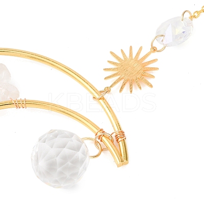 Wire Wrapped Natural Quartz Crystal Chip & Brass Moon Pendant Decorations HJEW-JM01504-04-1