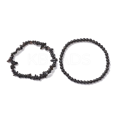 Chip & Round Natural Obsidian Beaded Stretch Bracelets for Women BJEW-JB10189-02-1