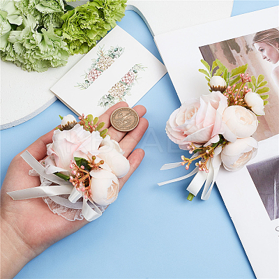 2Pcs 2 Style Silk Cloth Rose Flower Boutonniere Brooch & Wrist Corsage AJEW-CP0001-52-1