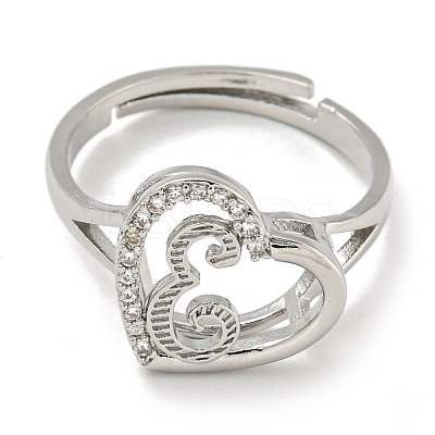 Heart with Letter Rack Plating Brass Micro Pave Cubic Zirconia Adjustable Rings for Women RJEW-I105-06P-E-1