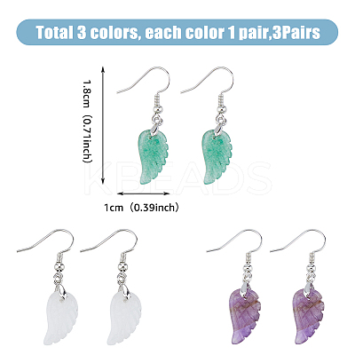 3 Pairs 3 Styles Natural Mixed Gemstone Wings Dangle Earrings with Brass Pins for Women EJEW-FI0003-19-1