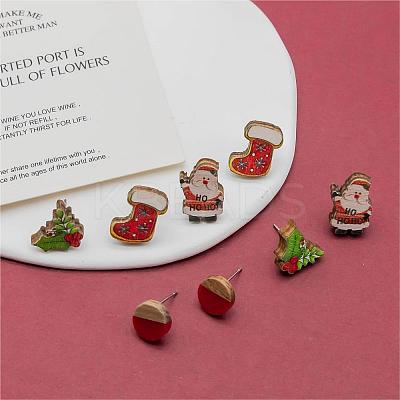 4 Pairs Santa Claus & Holly Leaves & Christmas Socking Printed Wood Stud Earrings EJEW-OY001-02-1