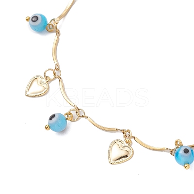 3Pcs 3 Styles Handmade Evil Eye Lampwork & Stainless Steel Moon Heart Leaf Tassel 304 Stainless Steel Curved Bar Link Chain Anklets for Women AJEW-AN00742-1