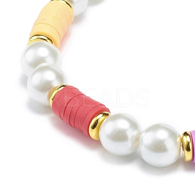 Polymer Clay Heishi & Glass Pearl & Brass Beaded Stretch Bracelet for Women BJEW-JB08754-1