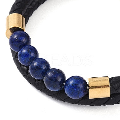 Mixed Stone Round Bead Leather Cord Multi-strand Bracelets BJEW-A009-10G-1