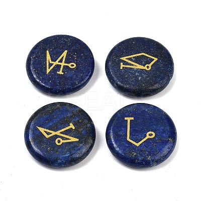 4Pcs 4 Styles Natural Lapis Lazuli Flat Round with Angels Symbol Display Decorations G-R007-01B-1