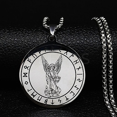 201 Stainless Steel Flat Round with Archangel Saint Michael Pendant Necklaces for Women Men NJEW-F344-02P-1