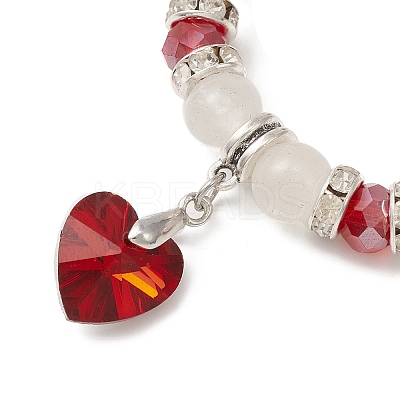 Natural Quartz Crystal & Glass Beaded Stretch Bracelet with Heart Charms for Valentine's Day X-BJEW-TA00284-1