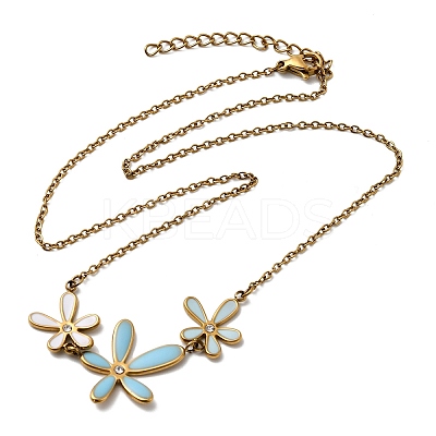 304 Stainless Steel Sky Blue Enamel with Crystal Rhinestone Triple Flower Pendant Necklaces for Women NJEW-G181-01G-1